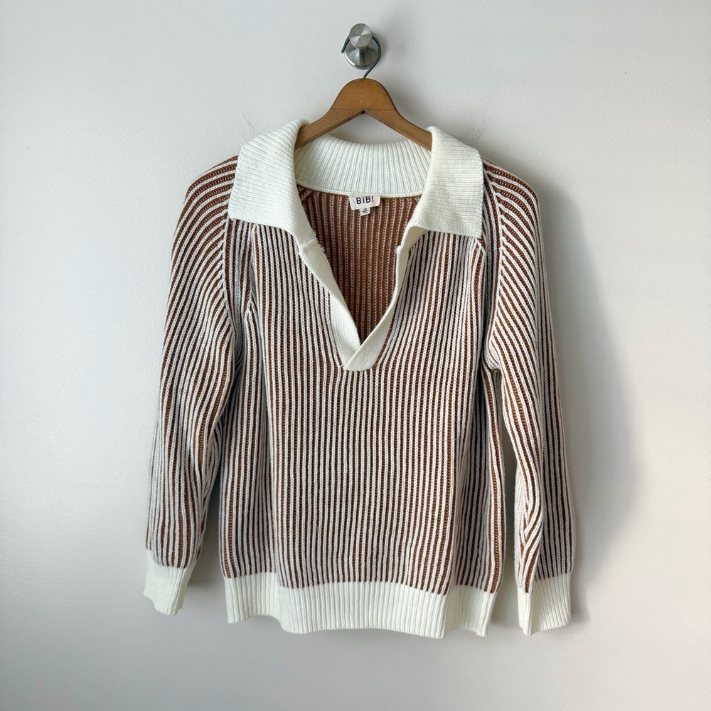 BiBi Cream and Brown Ribbed Knit Top - Picture 2 of 9